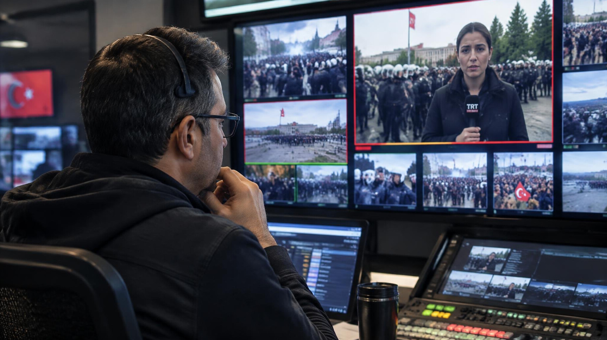 Director watching monitors to spot rising tension on set