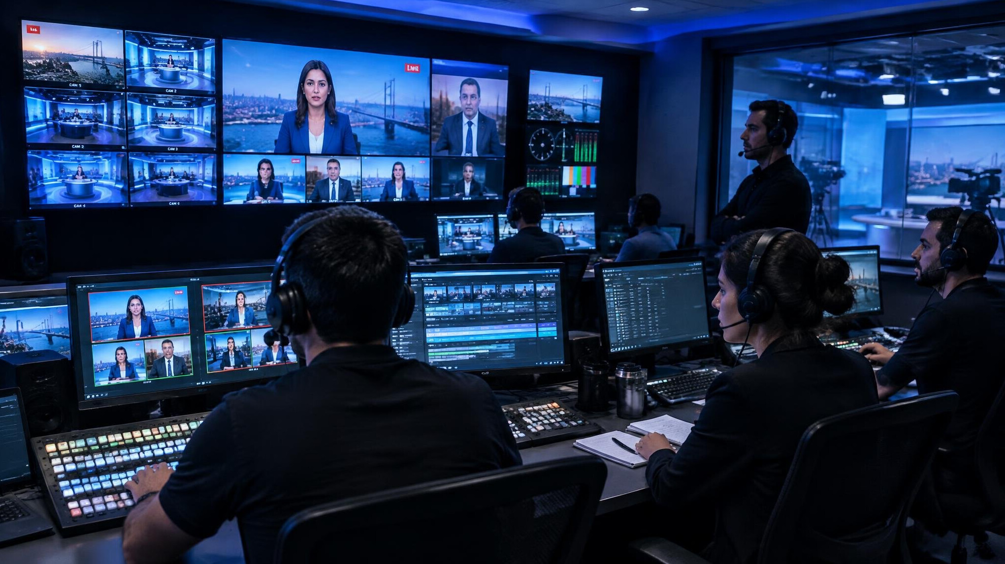 TV control room with directors monitoring a live broadcast